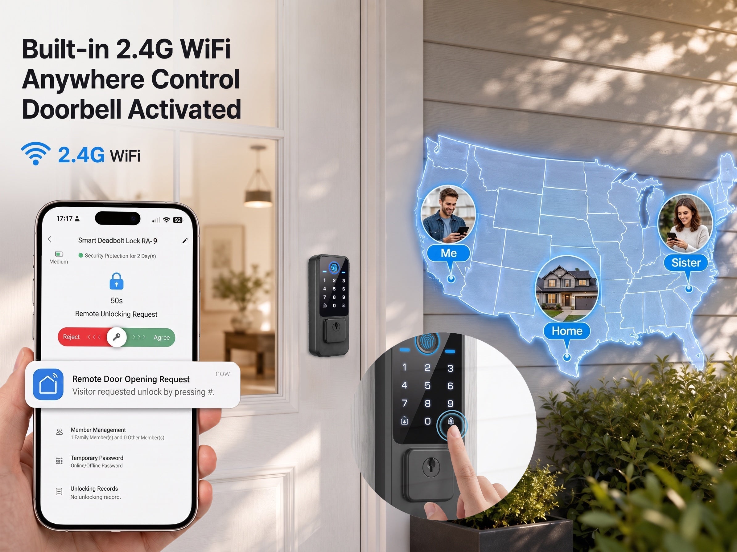 RA-9 smart lock showing built-in 2.4 GHz Wi-Fi remote access request