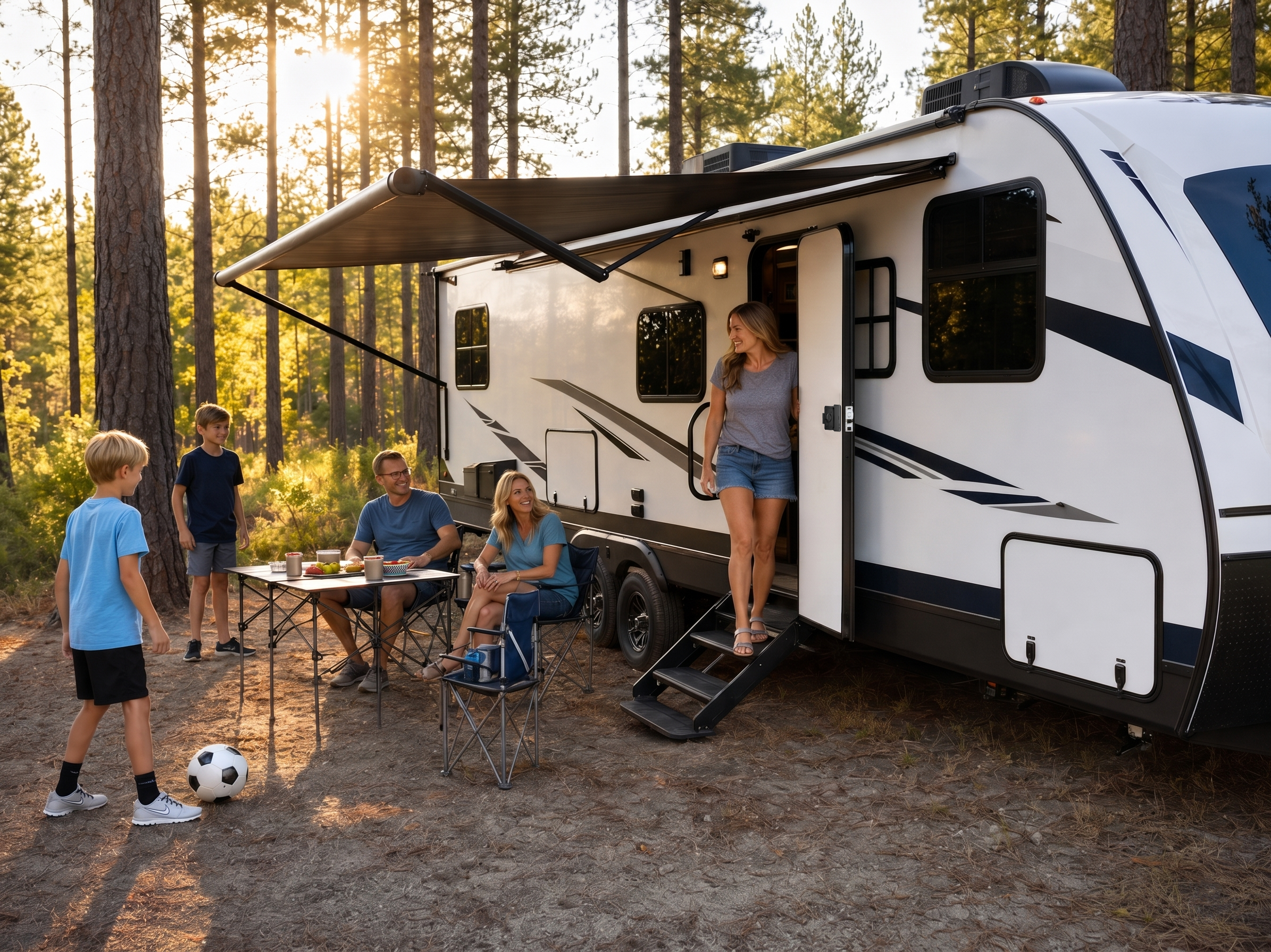 Family camping beside a recreational vehicle equipped with a connected entry lock