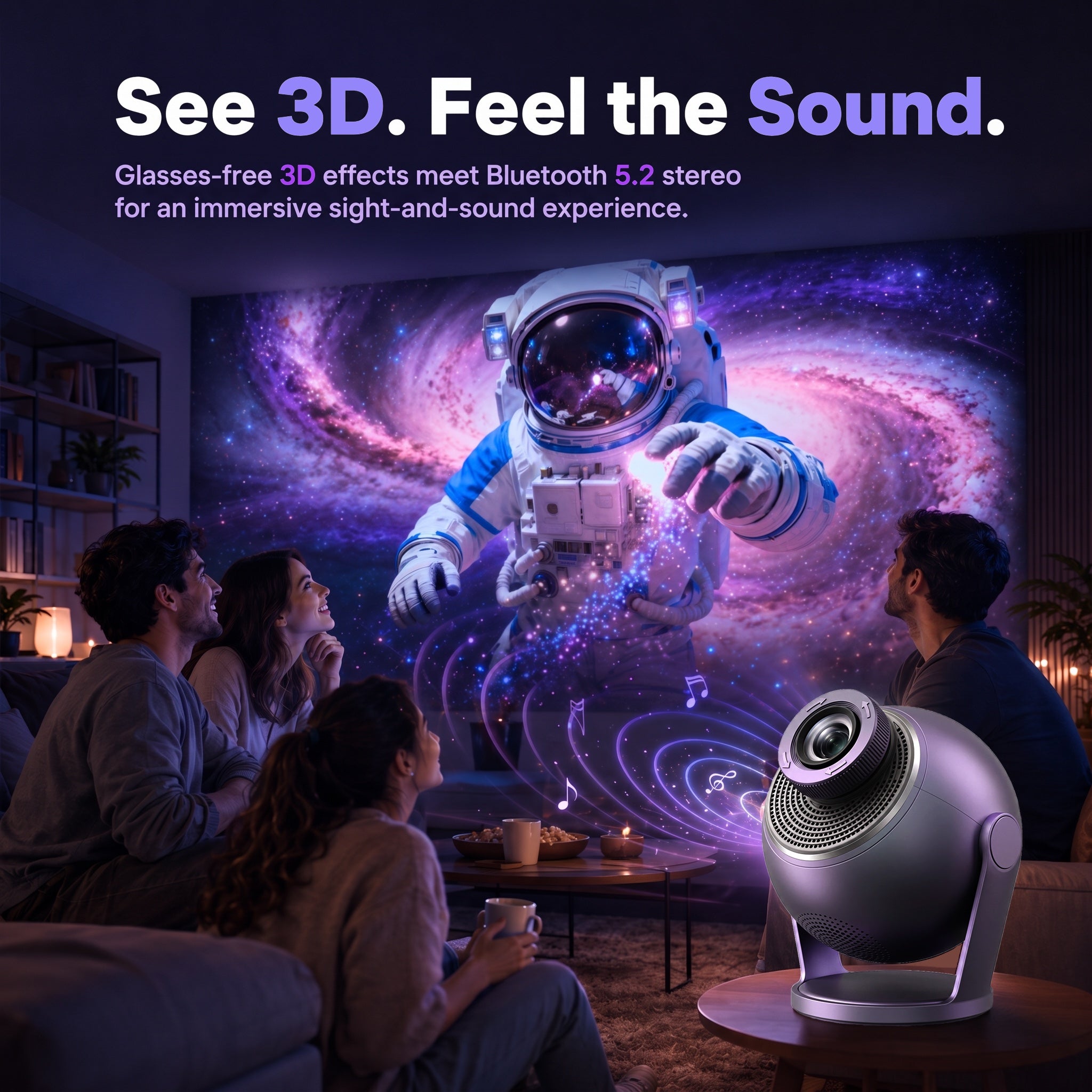 SK19 projector light presented in a home entertainment setting with projected space imagery