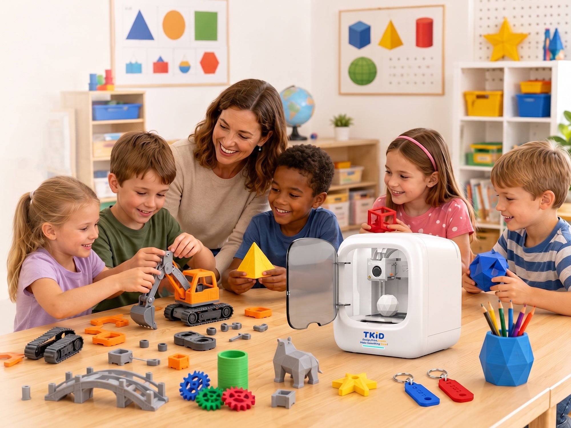 Children exploring STEM projects with the TKID kids AI 3D printer